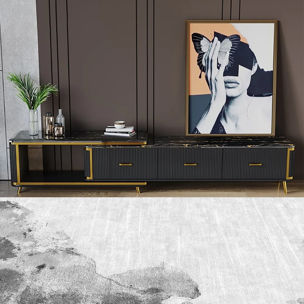 Modern Black TV Stand Faux Marble Top Luxury Extendable Media Console with 3 Drawers window image