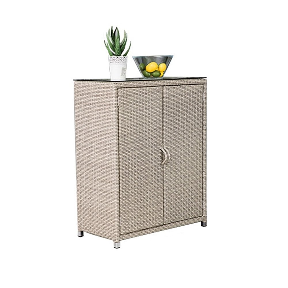 Opbergkast van geweven beige rotan voor binnen en buiten, accentkast, entree, balkon, gang Vensterafbeelding