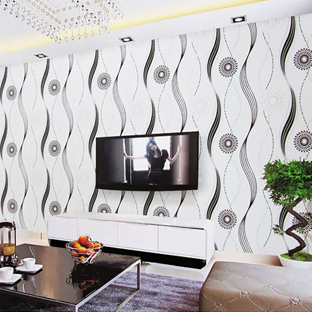 Modern Circle  Lines Pattern in Black&White 17.7″W x 32.81′L Peel and Stick Wallpaper window image