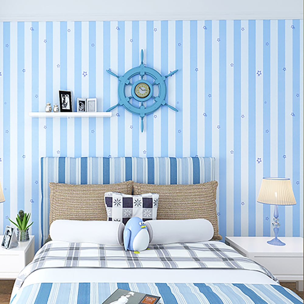 Modern Stripes Pattern in Blue&White 17.7″W x 32.81′L Peel and Stick Wallpaper window image