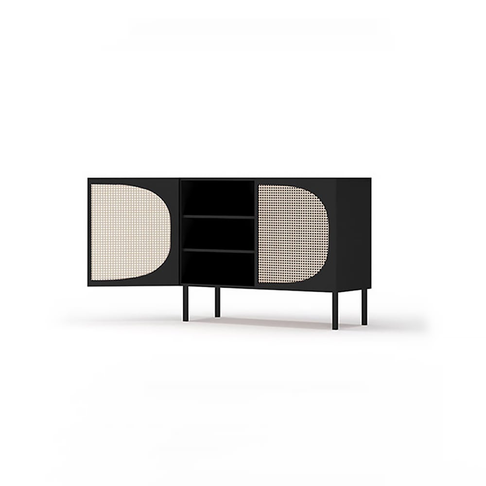Black Rattan Sideboard Buffet with Storage 2-Door Accent Cabinet window image