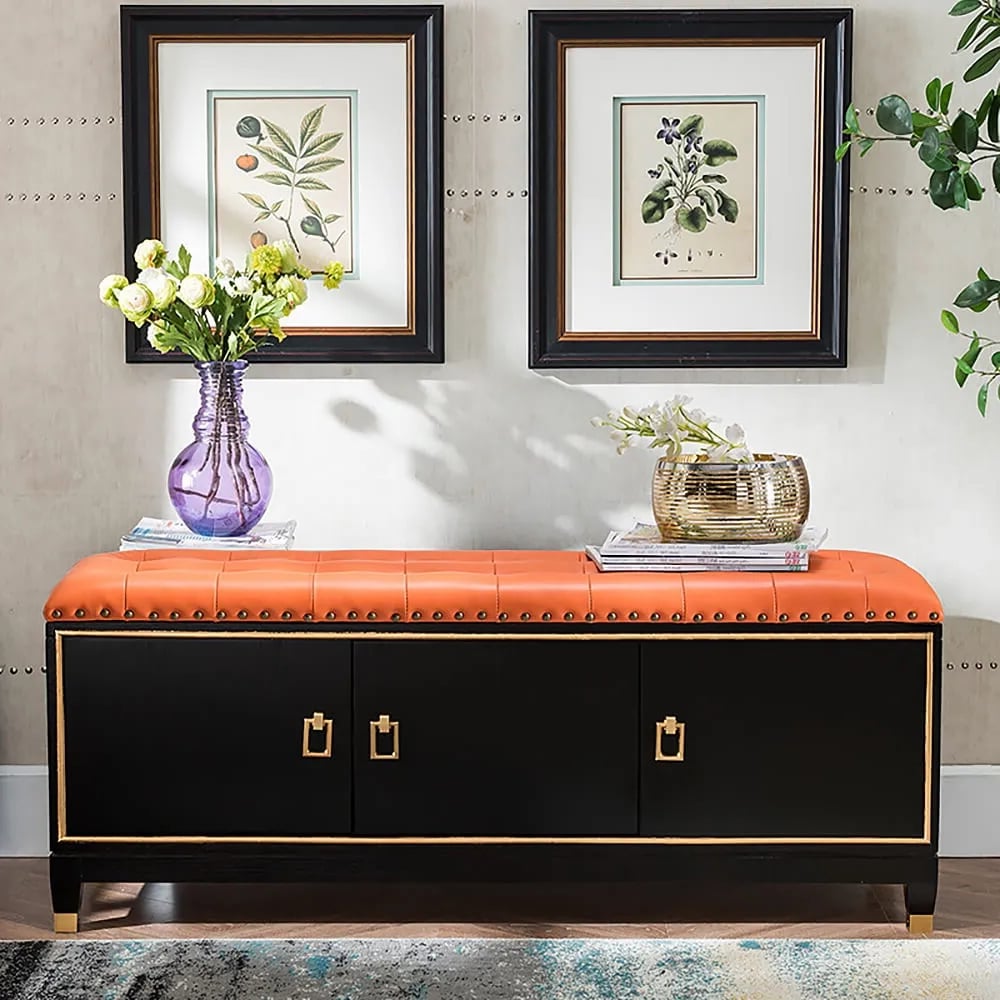39.4" Faux Leather Upholstered Entryway Bench with Storage Shoe Cabinet 3-Door window image