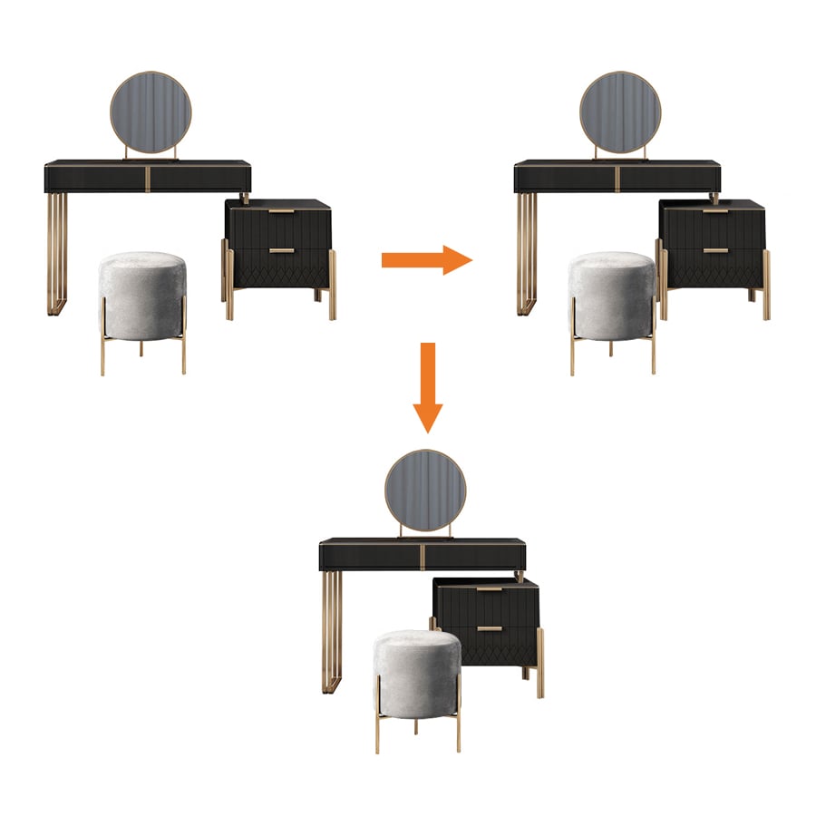 Nowoczesna toaletka do makijażu Aro z klapanym lustrem i szafką boczną Rozszerzalna toaletka z szufladami ze stali nierdzewnej w kolorze czarnym obraz okna