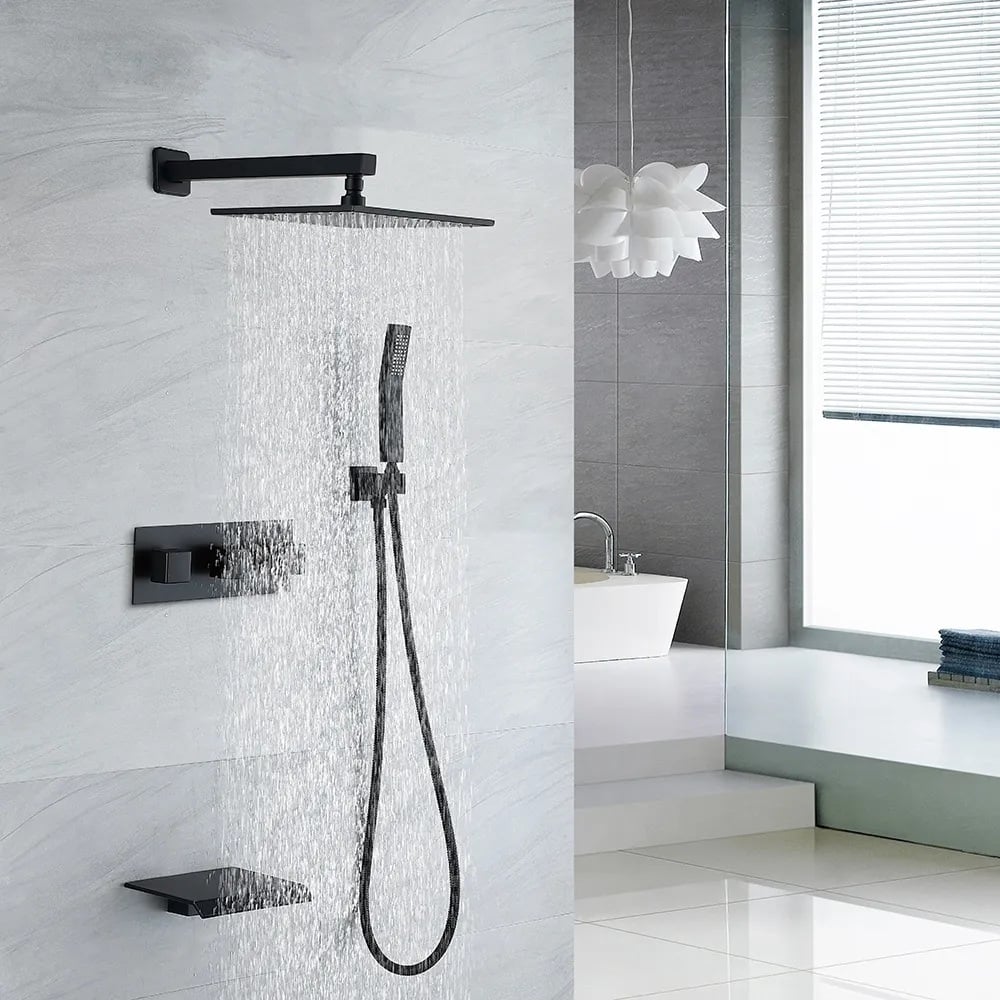 Juego de ducha de pared de 200 mm con ducha de mano y caño de cascada en negro mate Imagen de ventana