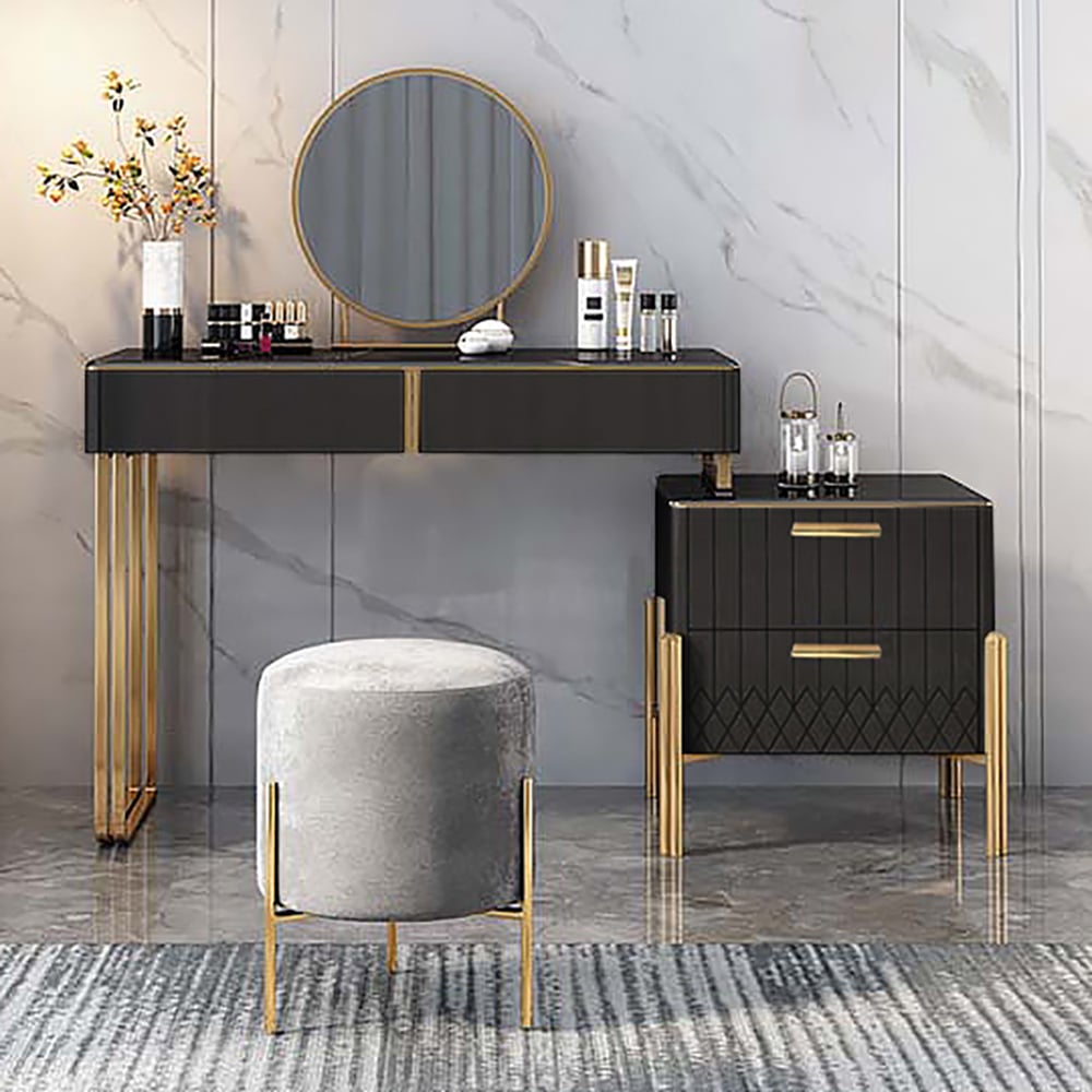 Nowoczesna toaletka do makijażu Aro z klapanym lustrem i szafką boczną Rozszerzalna toaletka z szufladami ze stali nierdzewnej w kolorze czarnym obraz okna