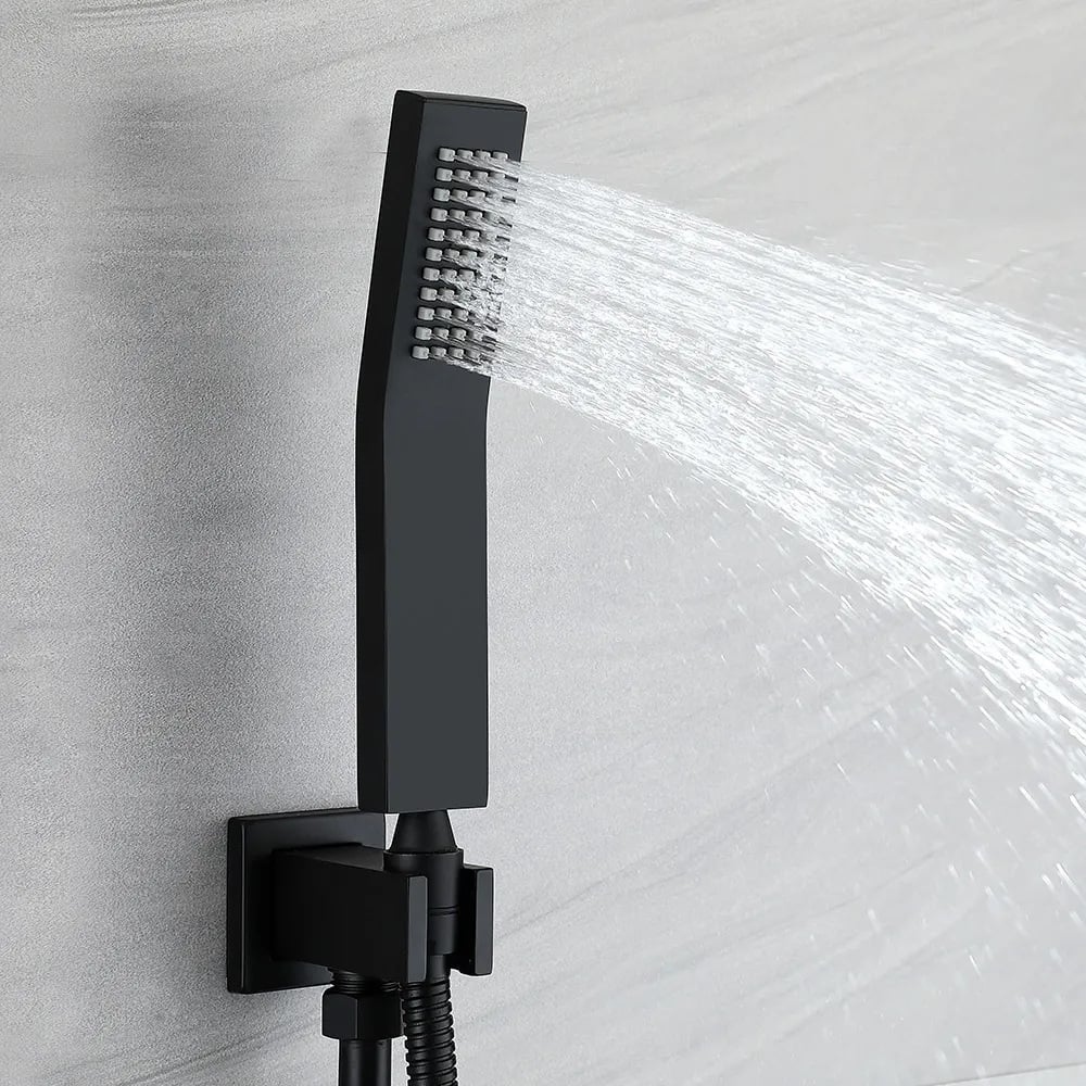 Juego de ducha de pared de 200 mm con ducha de mano y caño de cascada en negro mate Imagen de ventana