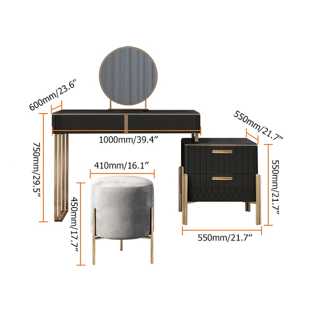 Nowoczesna toaletka do makijażu Aro z klapanym lustrem i szafką boczną Rozszerzalna toaletka z szufladami ze stali nierdzewnej w kolorze czarnym obraz okna