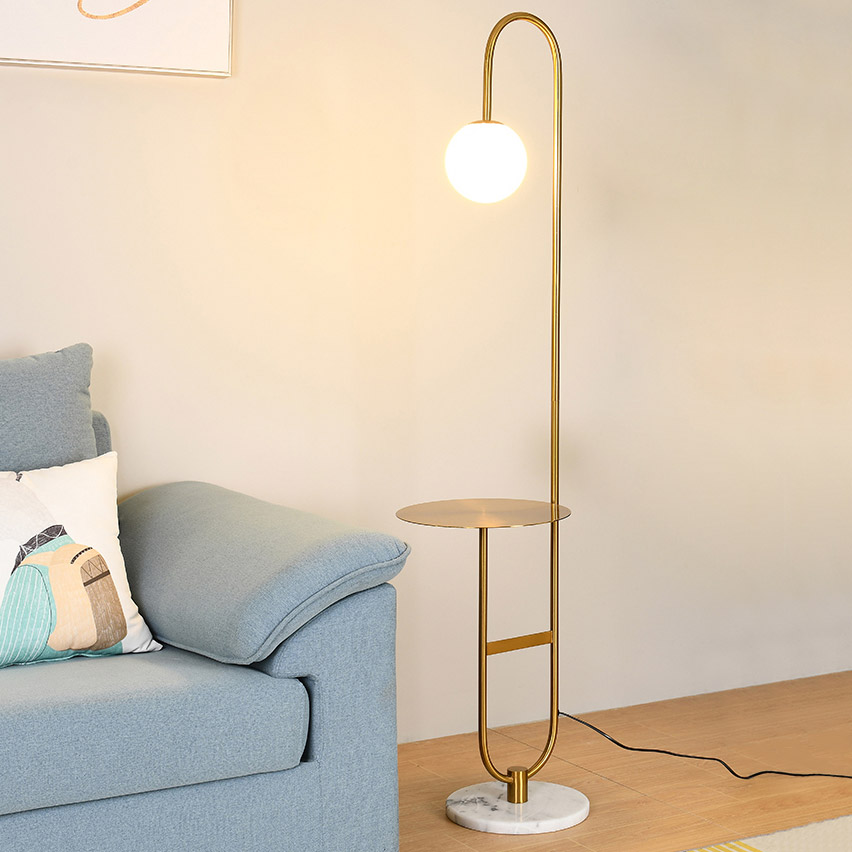 Globeal 60" Modern Arc Floor Lamp with Shelf in Gold with Glass Shade & Marble Base window image