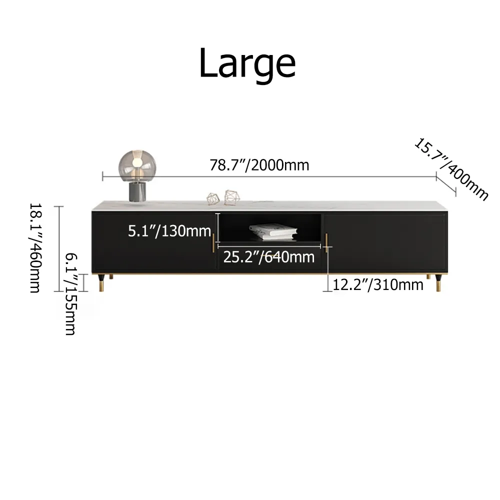 Meuble TV moderne noir de 78 po avec dessus en pierre frittée blanche avec portes et tiroir en grand image de fenêtre