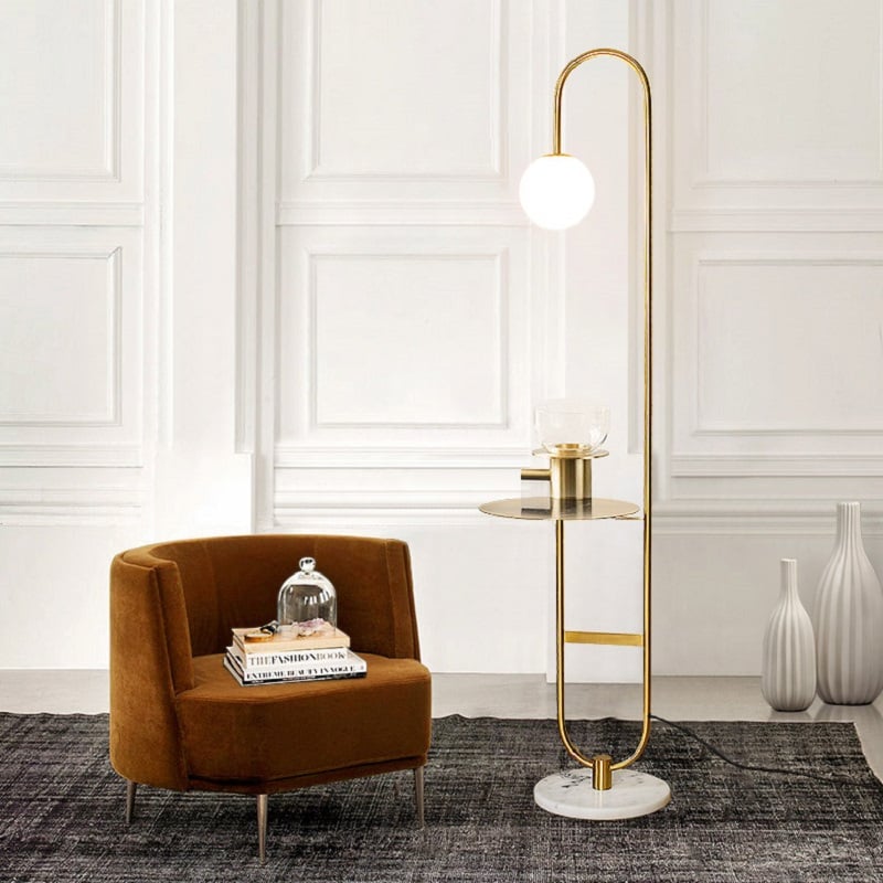 Globeal 60" Modern Arc Floor Lamp with Shelf in Gold with Glass Shade & Marble Base window image