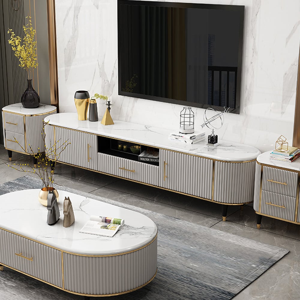 78.7" Modern Oval TV Stand Faux Marble Top White Media Stand with 2 Doors & 1 Drawer window image