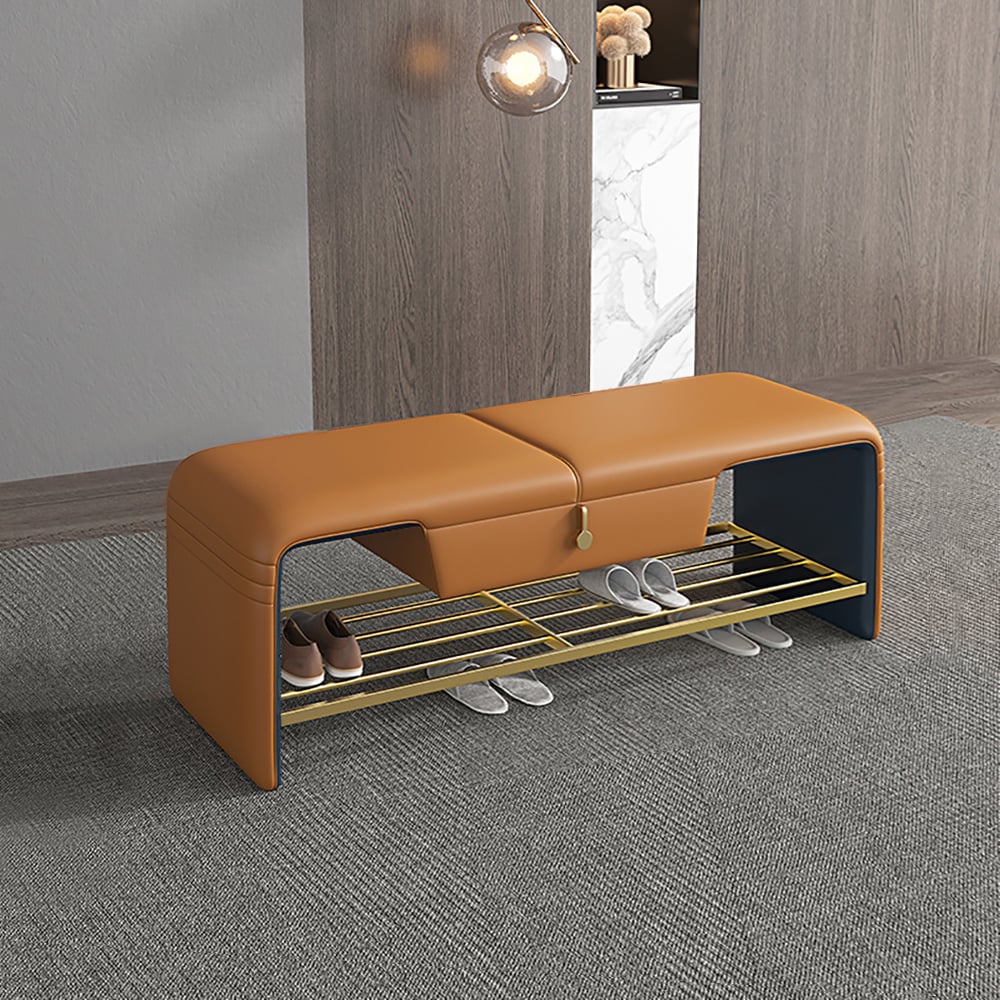Banc d'entrée moderne en cuir avec tiroir et étagère de rangement ouverte pour chaussures de 1080 mm image de fenêtre