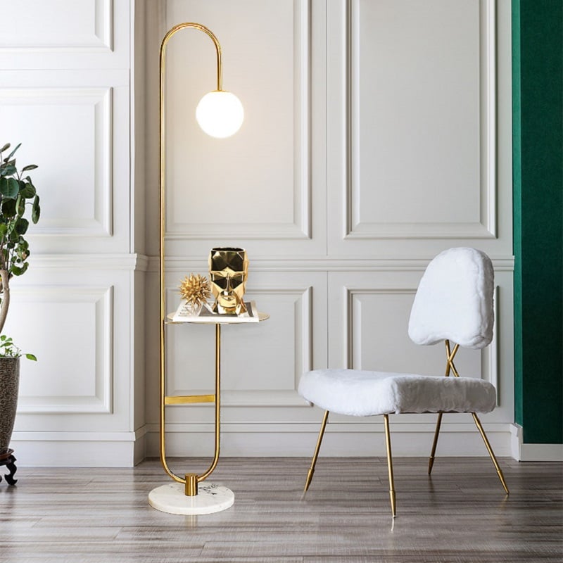 Globeal 60" Modern Arc Floor Lamp with Shelf in Gold with Glass Shade & Marble Base window image
