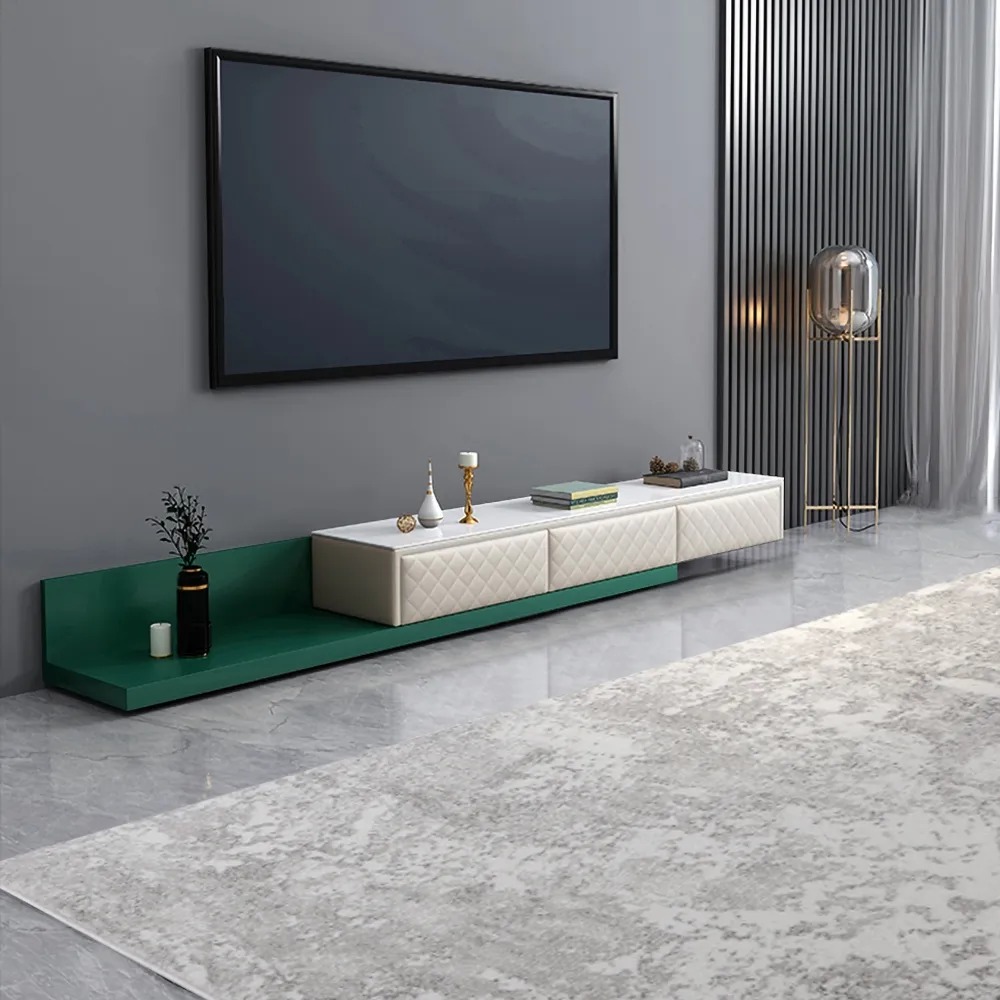 Extendable TV Stand Console with Storage 3 Drawer Upholstered Tempered Glass Top window image