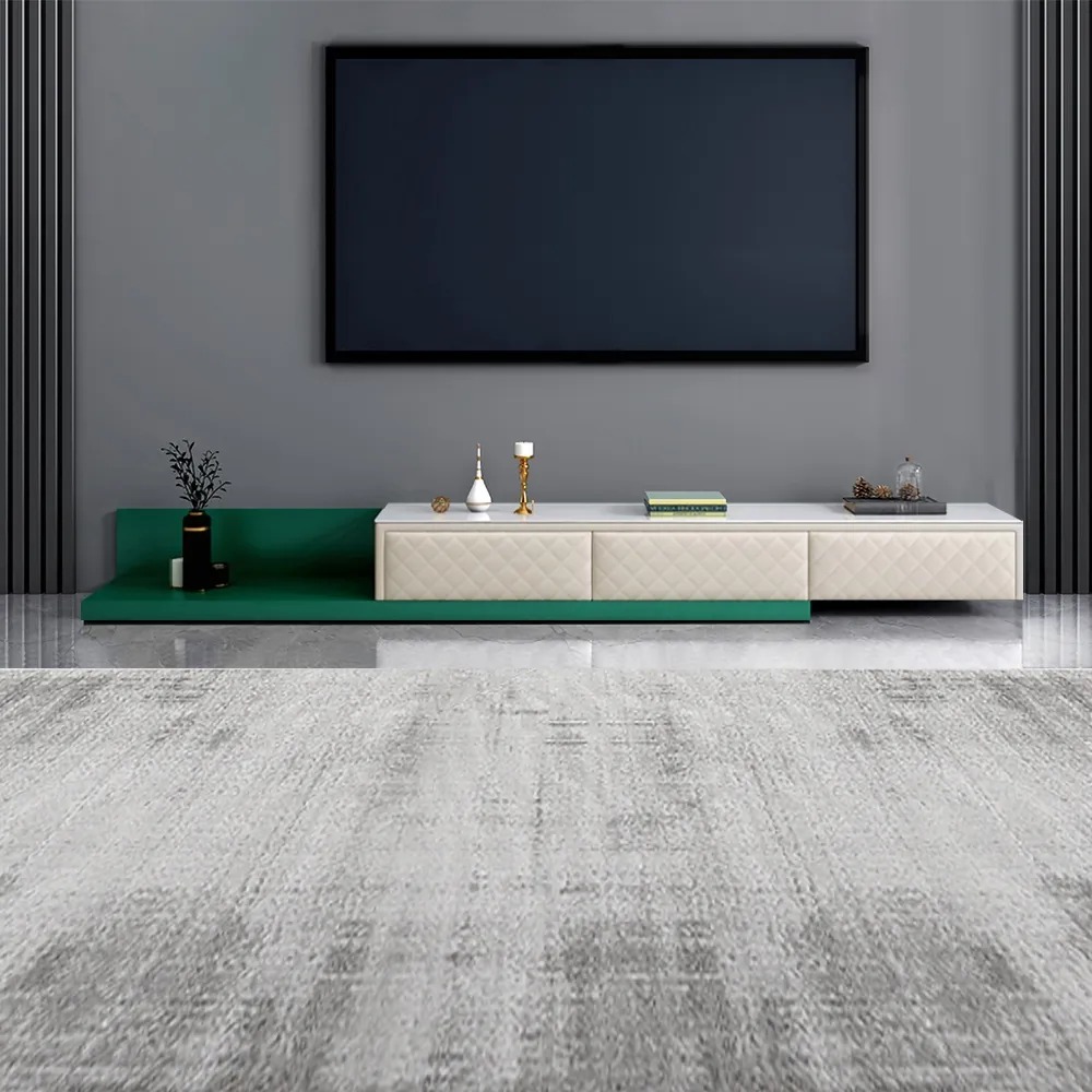 Extendable TV Stand Console with Storage 3 Drawer Upholstered Tempered Glass Top window image