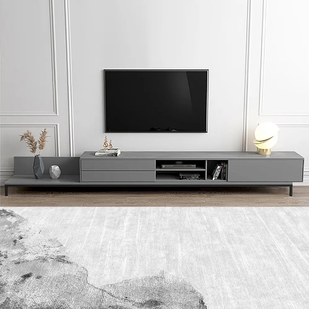 Minimalist Gray TV Stand Sintered Stone Extendable Media Console with Drawers & Shelf window image