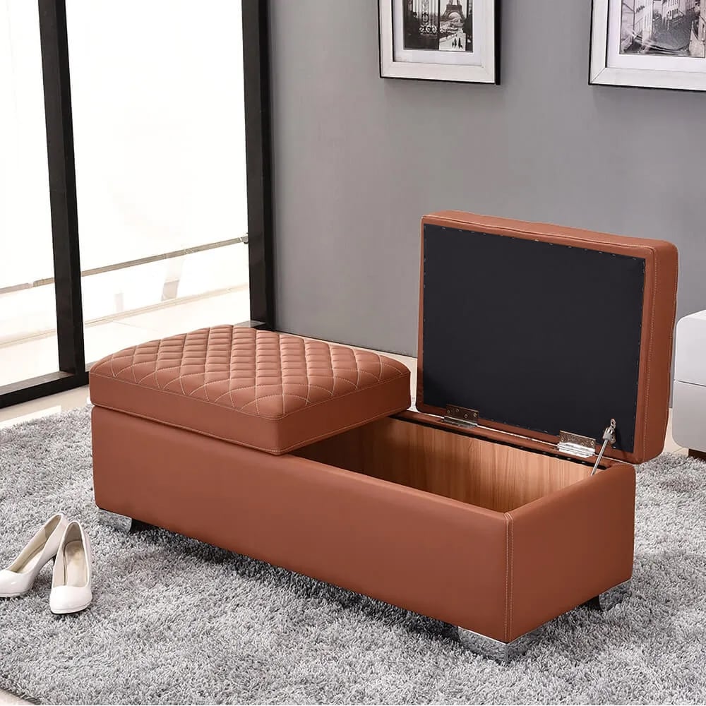 Gestoffeerde lederen bank 2-flip-top opbergkast slaapkamer entryway-oranje-large Vensterafbeelding