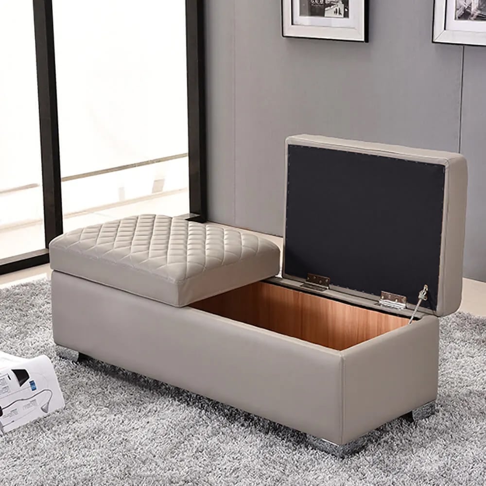 Upholstered Leather Bench 2-Flip Top Storage Cabinet Bedroom Entryway-Grey-Small window image