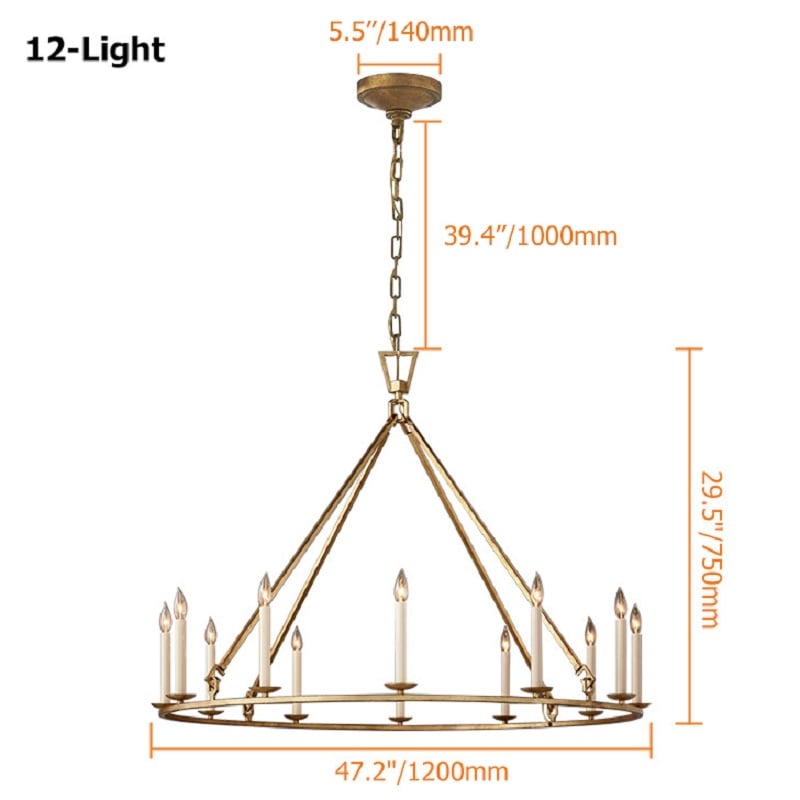 Rustic Round Candle-Shaped 12-Light Chandelier in Antique Brass weights dimensions image