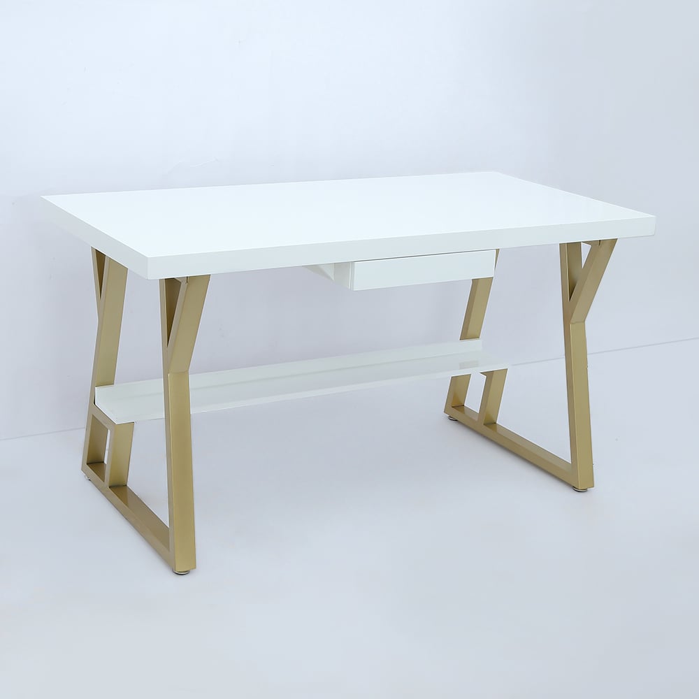 47" Rectangular White Computer Desk with Drawer and Shelf Gold Leg window image