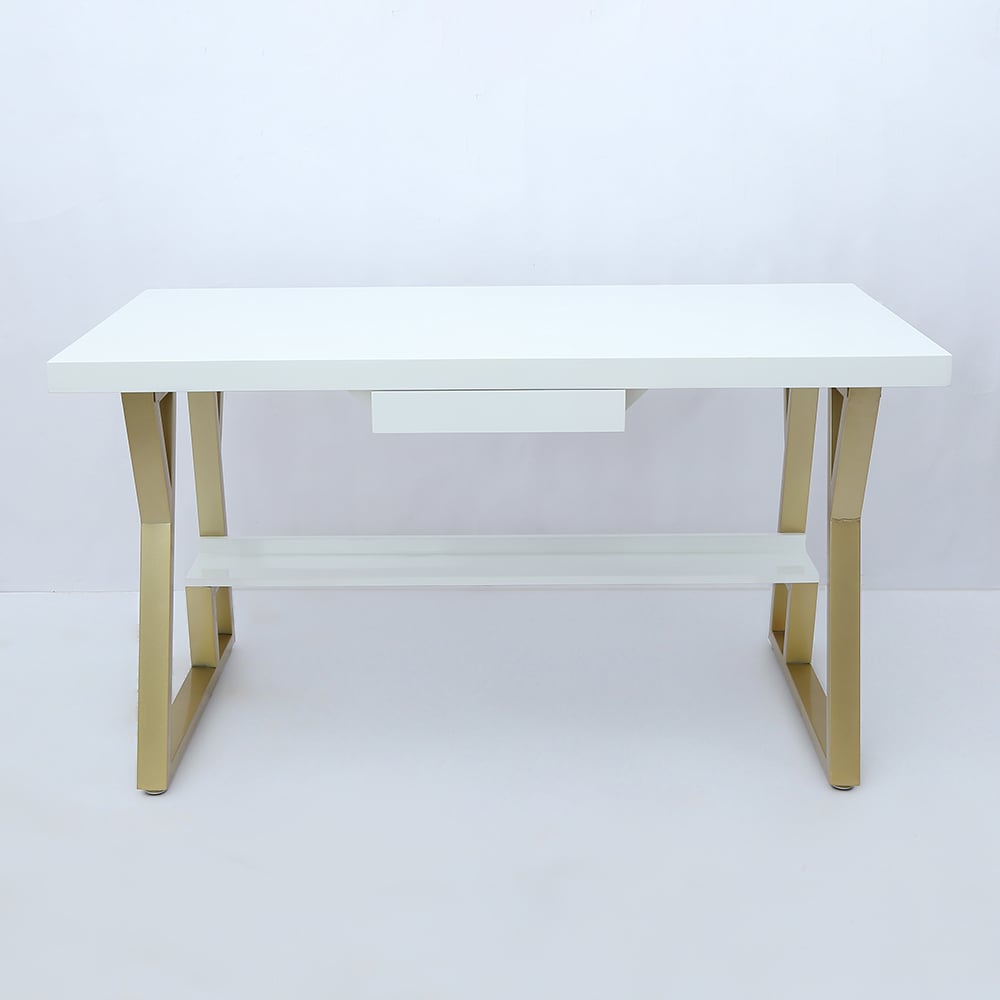 47" Rectangular White Computer Desk with Drawer and Shelf Gold Leg window image