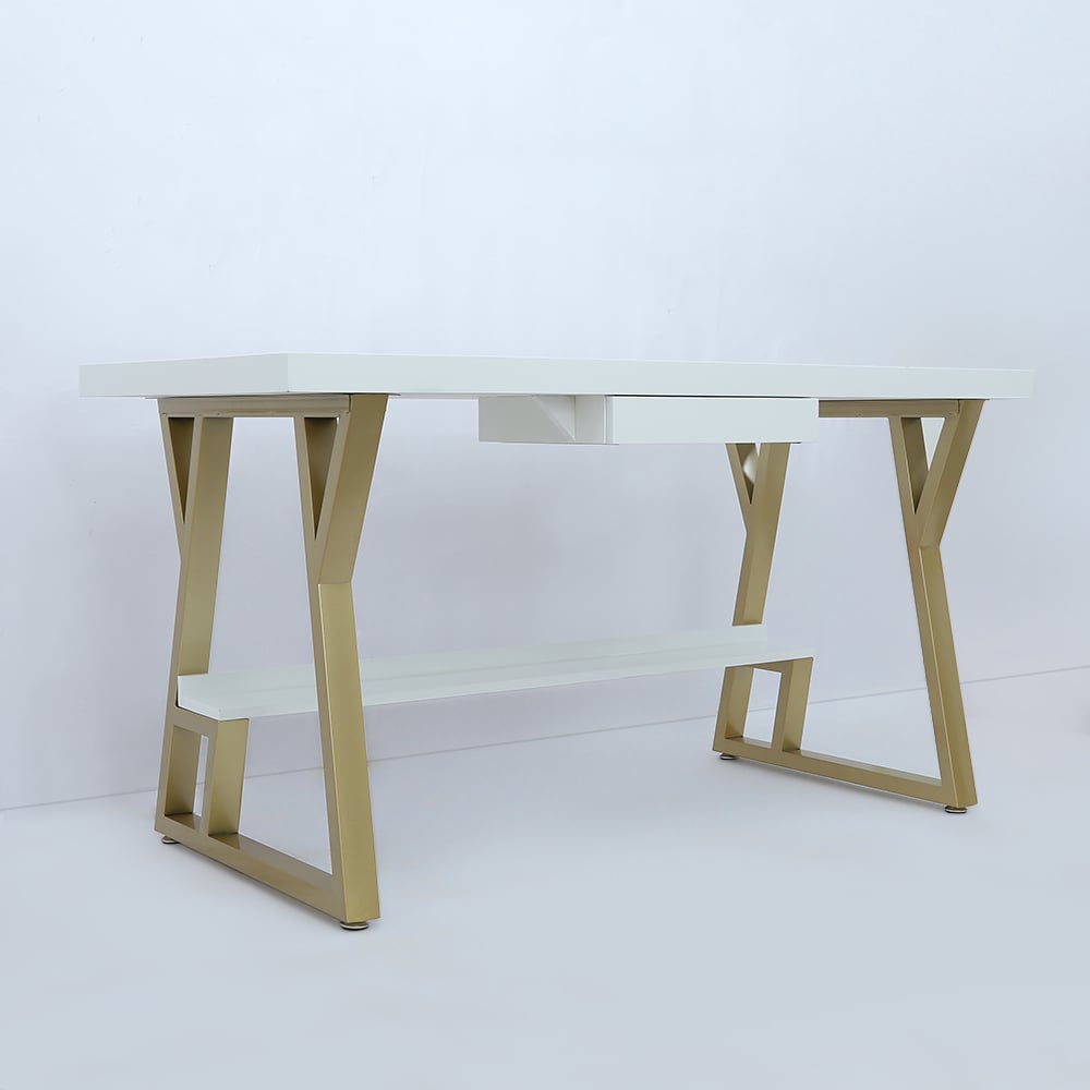 47" Rectangular White Computer Desk with Drawer and Shelf Gold Leg window image