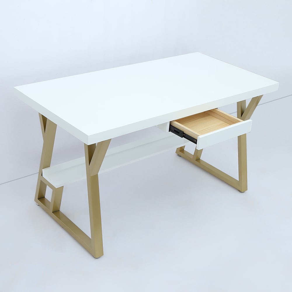 47" Rectangular White Computer Desk with Drawer and Shelf Gold Leg window image