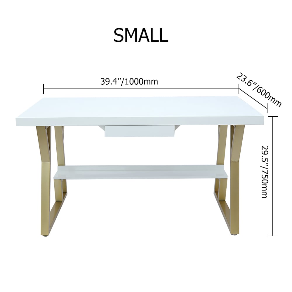 1000mm Rectangular White Computer Desk with Drawer and Shelf Gold Leg weights dimensions image