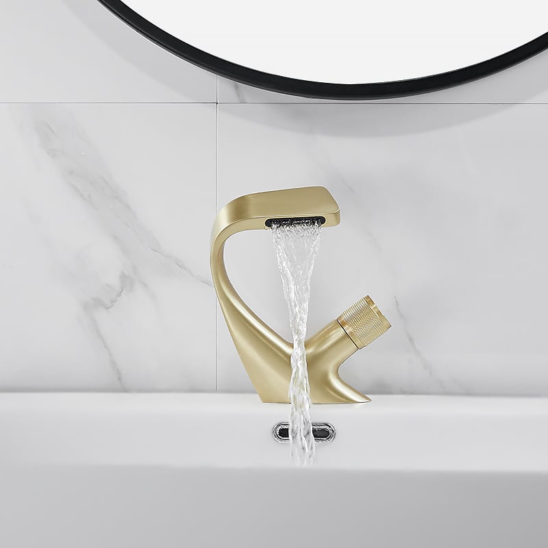 Contemporary Creative Single Handle 1-Hole Waterfall Bathroom Sink Faucet Brushed Gold window image