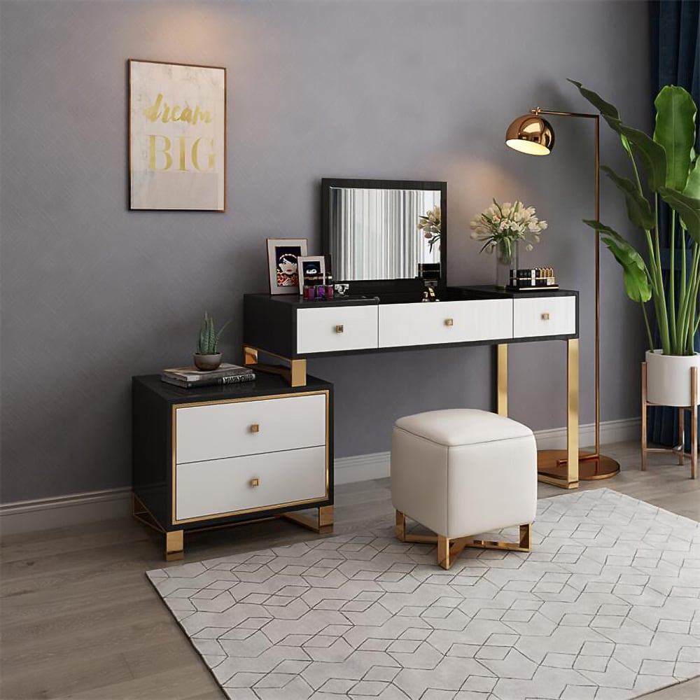 White&Black Modern Dressing Makeup Vanity Expandable Dressing Table with Cabinet window image