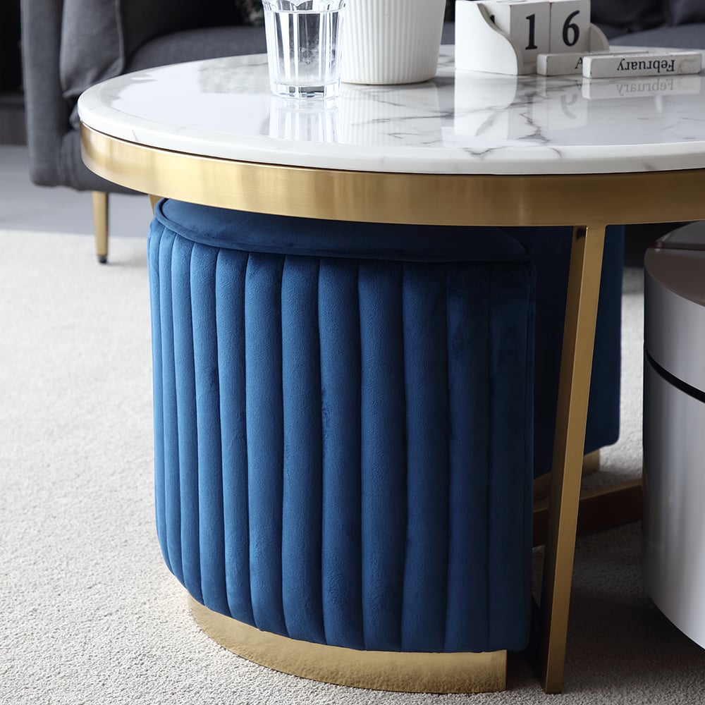 White Round Nesting Faux Marble Top Coffee Table with 1-Drawer and 2 Stools