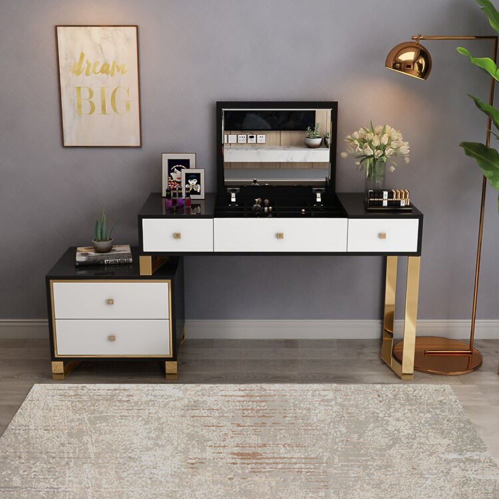 White&Black Modern Dressing Makeup Vanity Expandable Dressing Table with Cabinet window image