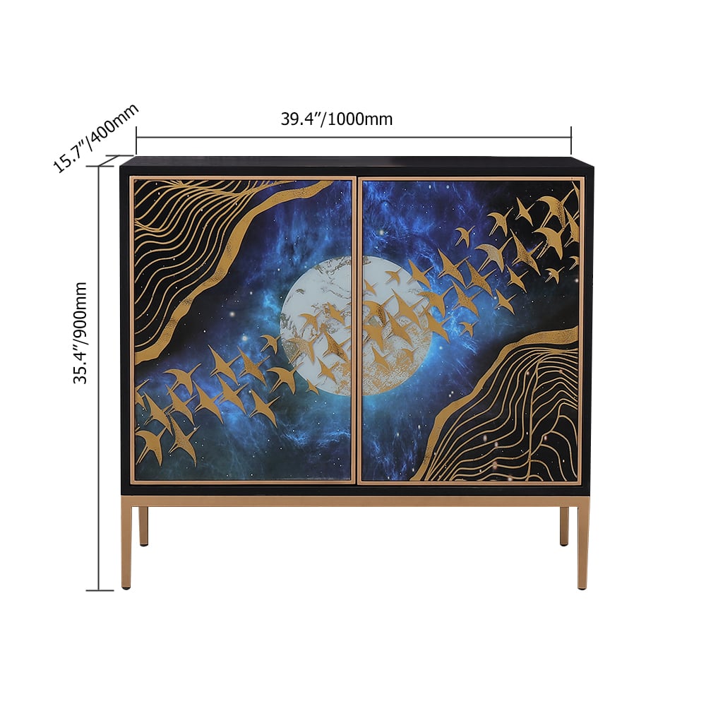 Modern zwart dressoir buffet 2 gebrandschilderde glazen deuren accentkast gouden afwerking Vensterafbeelding