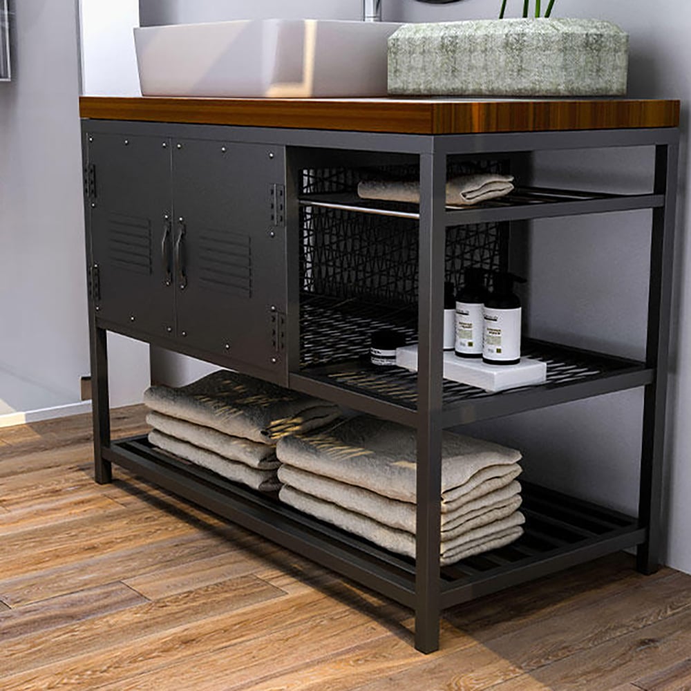 Industrial Free-Standing Bathroom Vanity Walnut & Black 3 Towel Shelves & 2 Doors window image