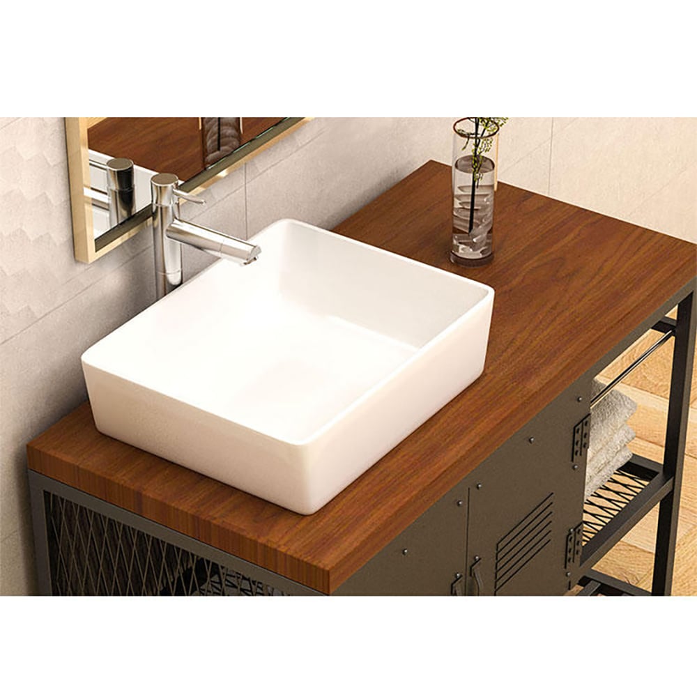 Industrial Free-Standing Bathroom Vanity Walnut & Black 3 Towel Shelves & 2 Doors window image
