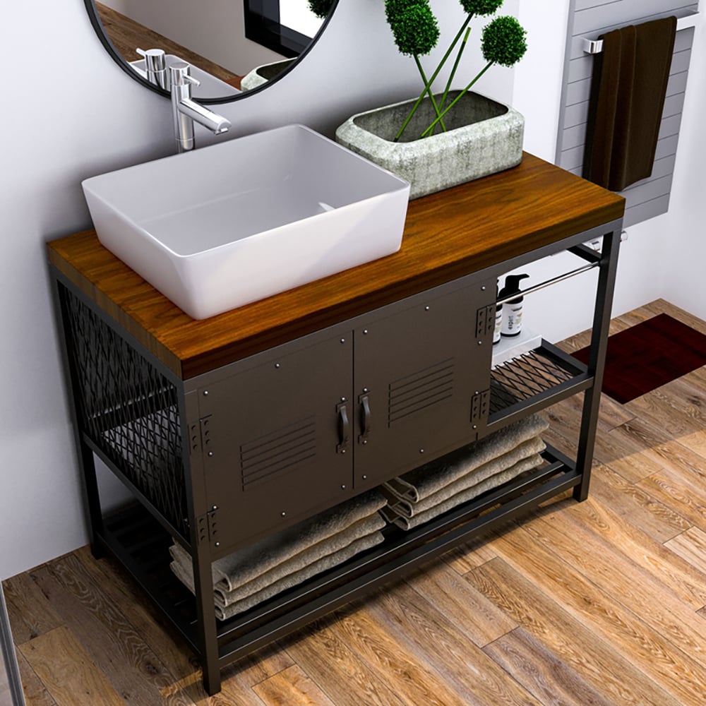 Industrial Free-Standing Bathroom Vanity Walnut & Black 3 Towel Shelves & 2 Doors window image