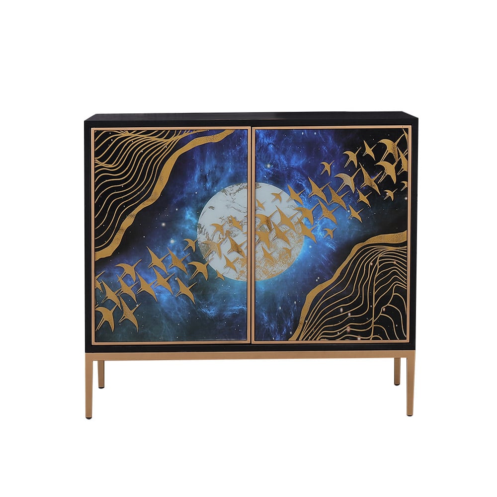 Modern Black Sideboard Buffet 2 Stained Glass Doors Accent Cabinet Gold Finish window image