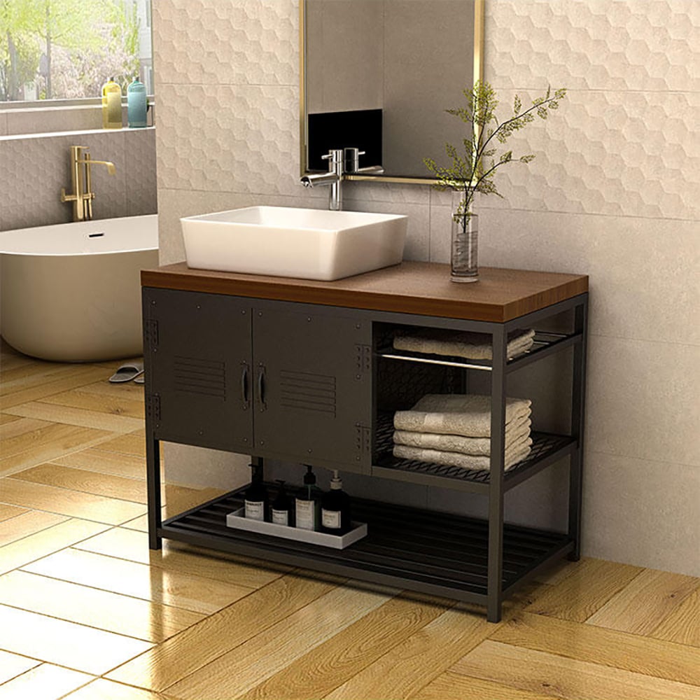 Industrial Free-Standing Bathroom Vanity Walnut & Black 3 Towel Shelves & 2 Doors window image