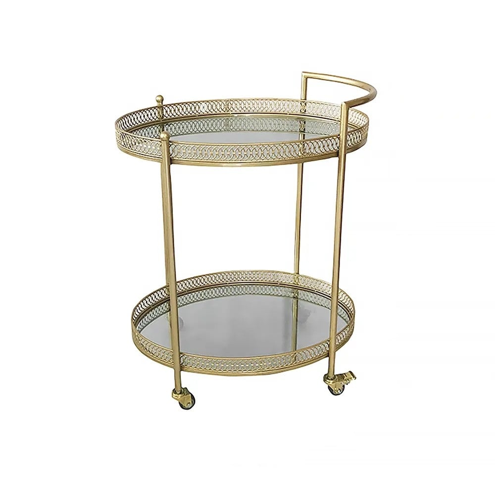 Gouden 23,6 „2-laags ovale rollende serveerbarwagen met handvat gespiegelde planken van gehard glas Vensterafbeelding