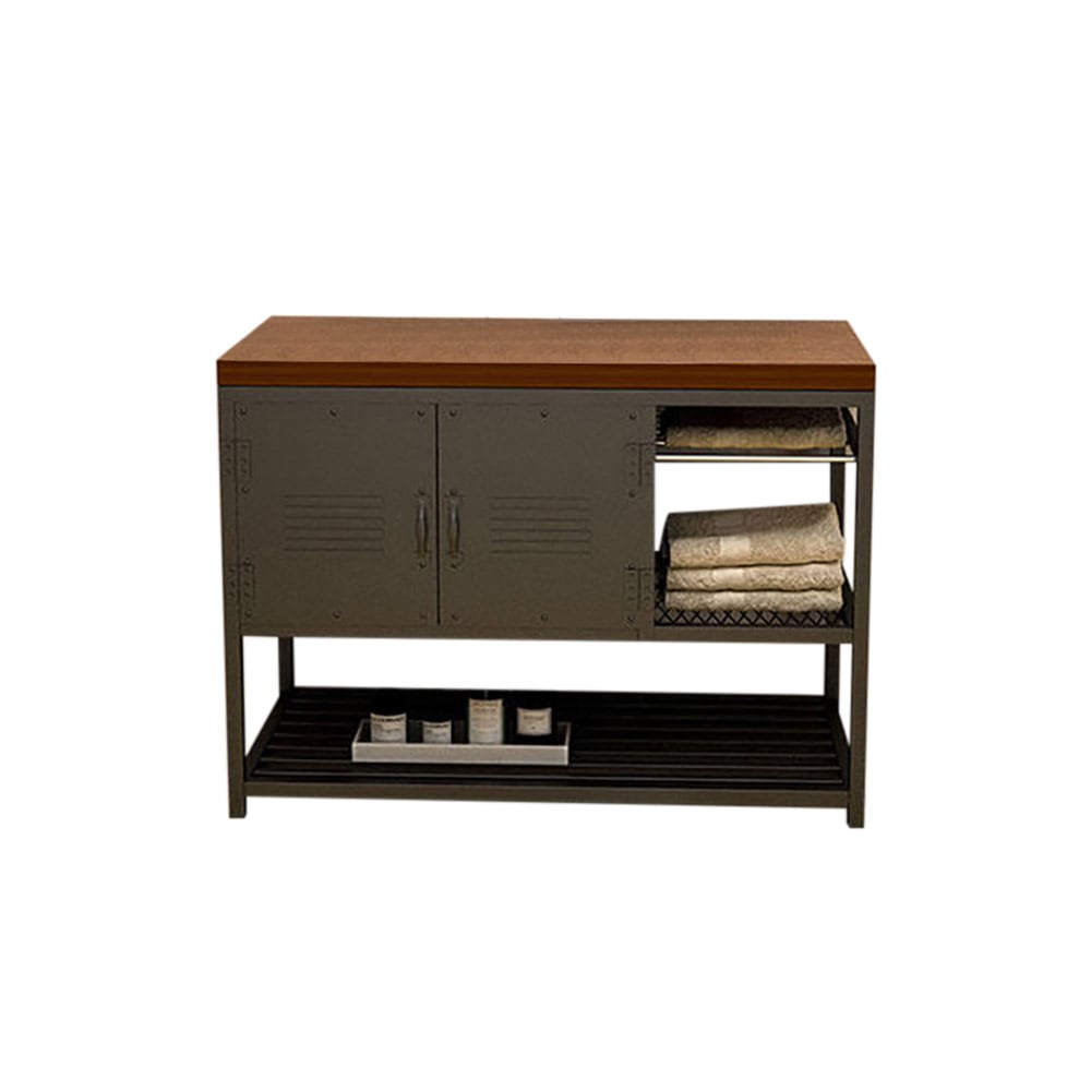 Industrial Free-Standing Bathroom Vanity Walnut & Black 3 Towel Shelves & 2 Doors window image