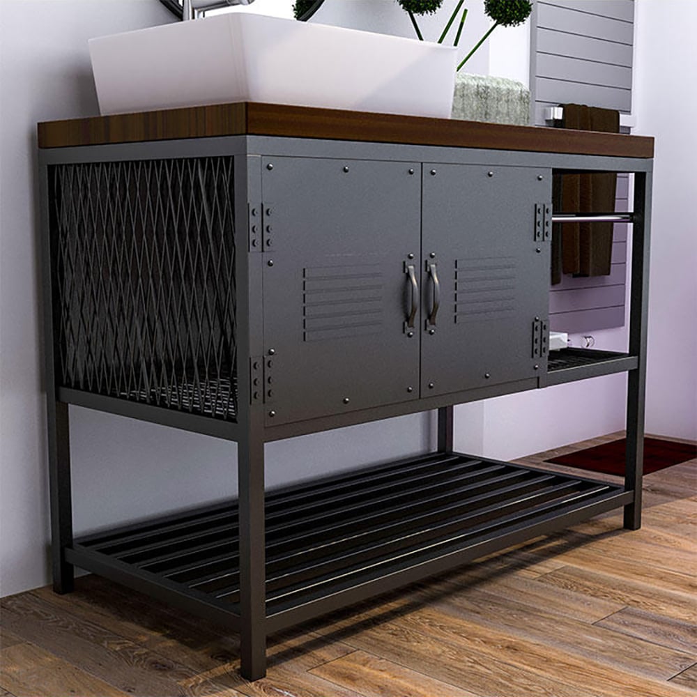 Industrial Free-Standing Bathroom Vanity Walnut & Black 3 Towel Shelves & 2 Doors window image