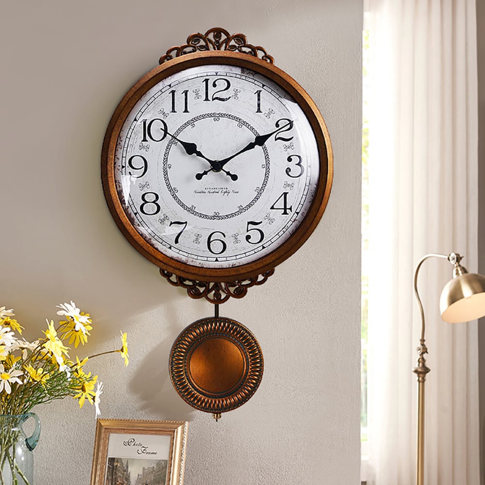 Hollow-out Floral Design Retro Wall Clock with Classical Pendulum window image