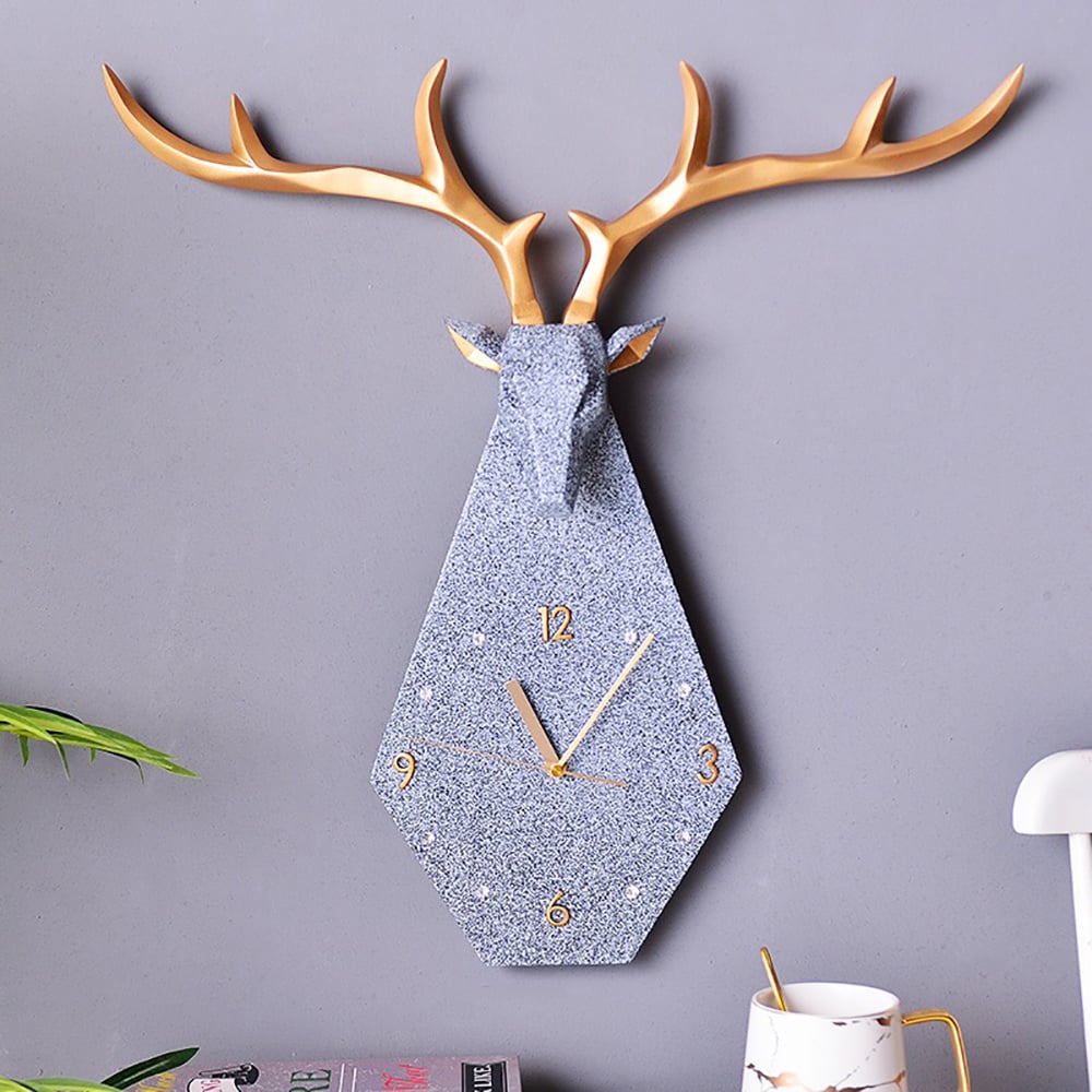 Gray 3D Deer Head Resin Large Wall Clock Creative Home Decor with Crystal Diamonds window image