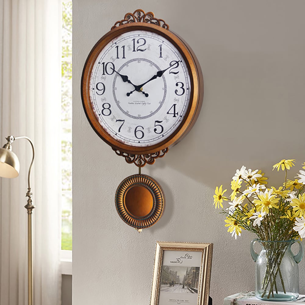 Hollow-out Floral Design Retro Wall Clock with Classical Pendulum window image