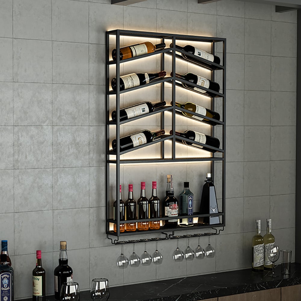 Portabottiglie Vino Da Parete In Ferro Nero, Con Portabicchieri, 100x25x90 Cm, Per Cucina E Bar
