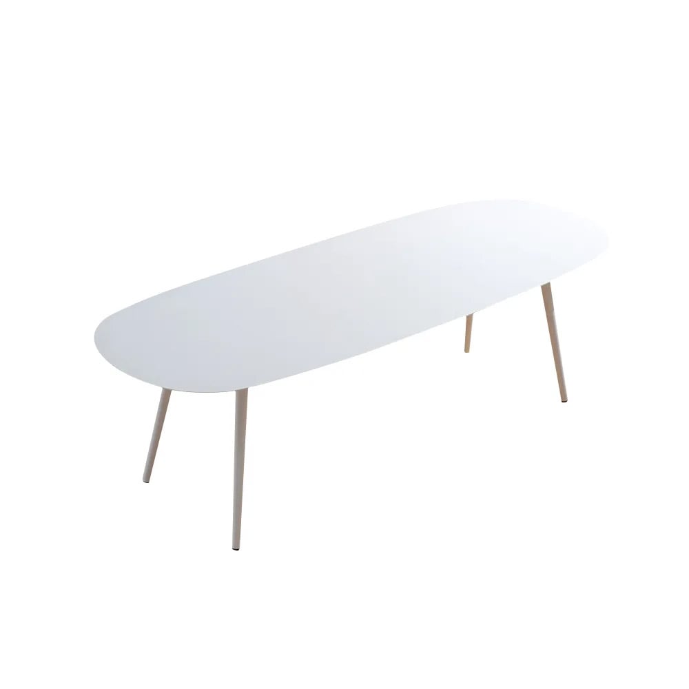 7-Pieces Outdoor Dining Set with White Aluminium Table and Blue Rattan Woven Armchair window image