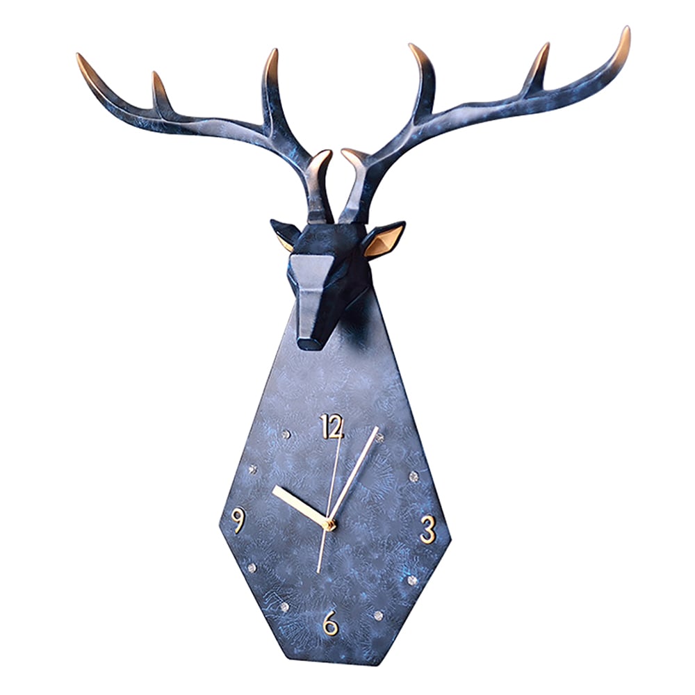 Blue 3D Deer Head Resin Large Wall Clock Creative Home Decor with Crystal Diamonds window image