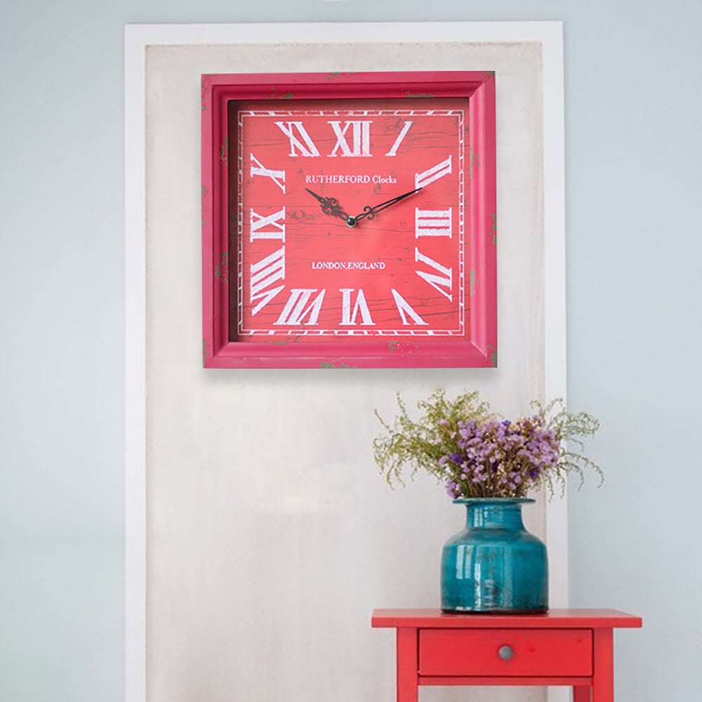 355mm Square Wooden Frame Retro Wall Clock with Roman Numbers window image