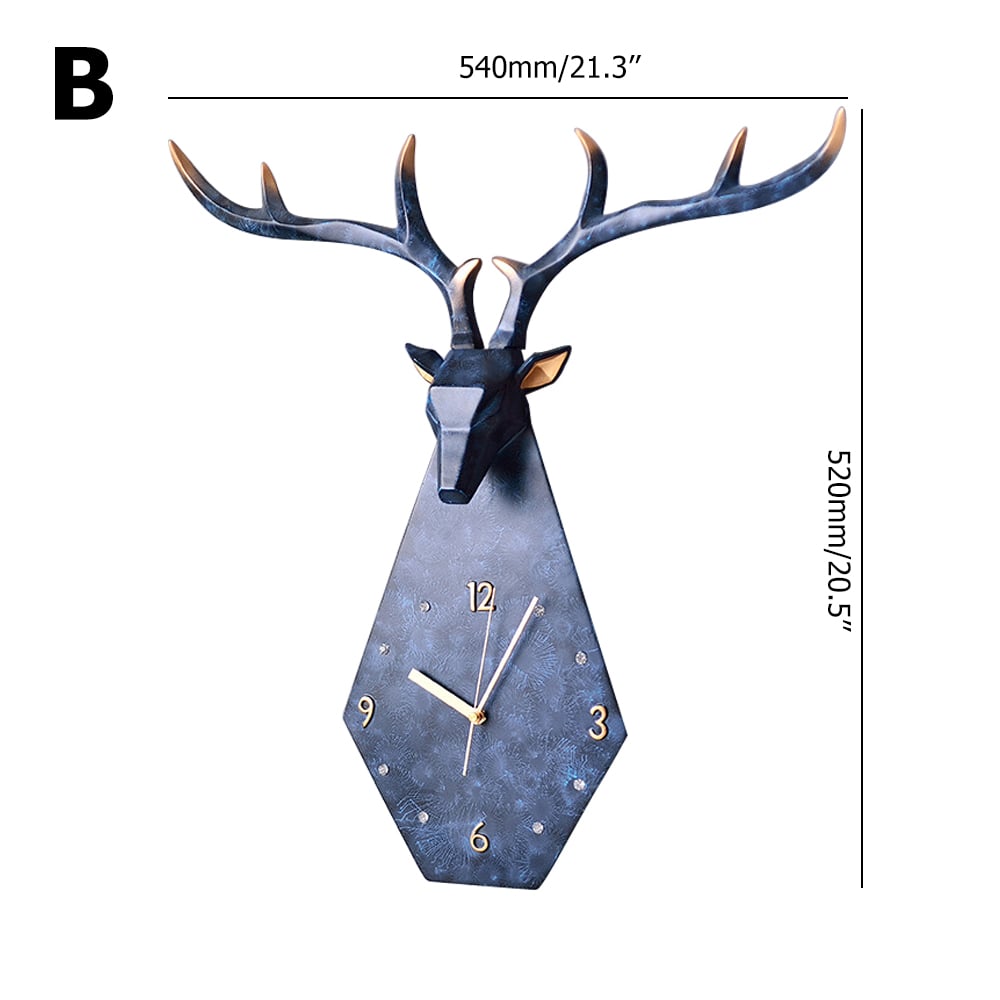 Blue 3D Deer Head Resin Large Wall Clock Creative Home Decor with Crystal Diamonds window image