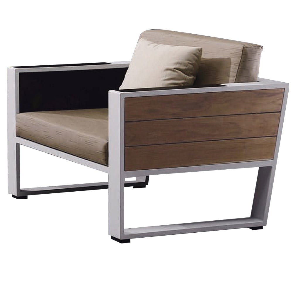 Armchair with Teak Wood Armrest and Foldable Side Shelf window image